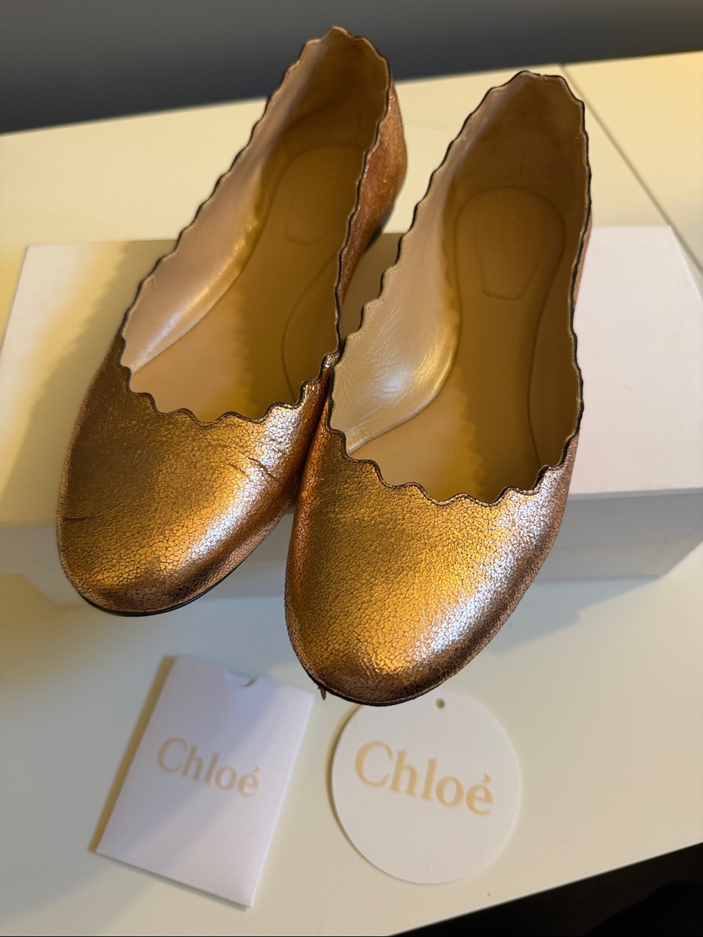 Chloé Metallic Bronze Scalloped Leather Flats